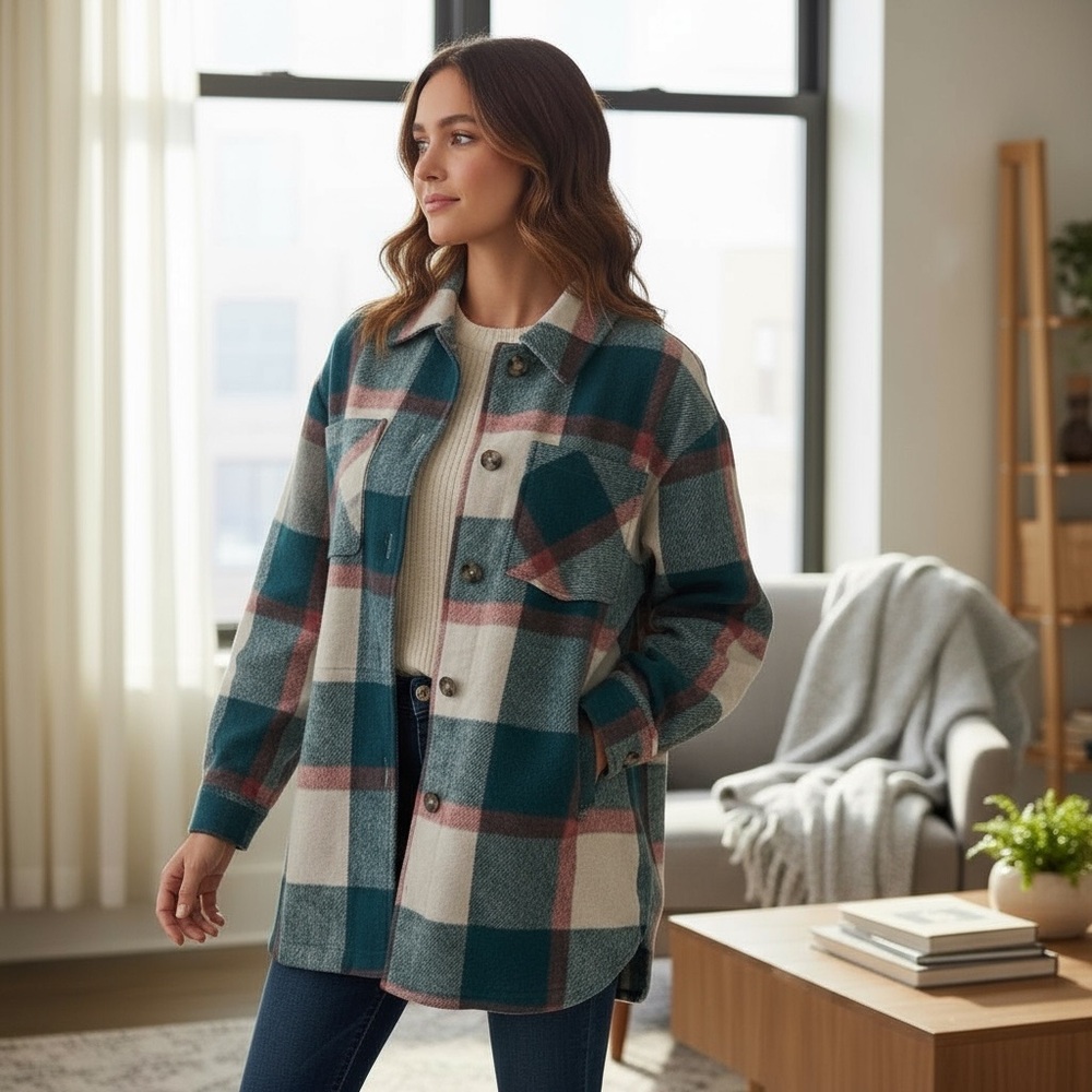 Stitch fix: VIGOSS Size: XS Oversized Teal Green Orange Plaid Shacket Flannel - Picture 5 of 15